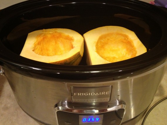 Organic acorn squash ready to be cooked in my slow cooker.