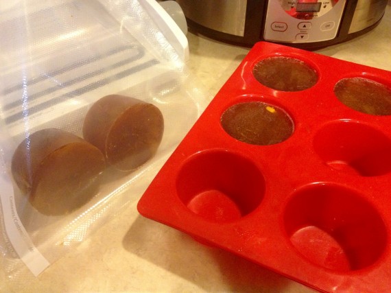 Frozen bone broth pucks ready to FoodSaver and put back in the freezer.