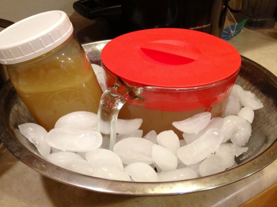 Ice bath for bone broth ready to stick in the refrigerator.