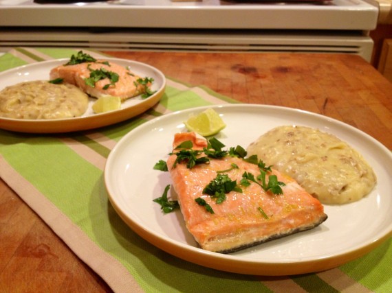 Wild Caught Salmon with pureed garlic butter mashed red potatoes