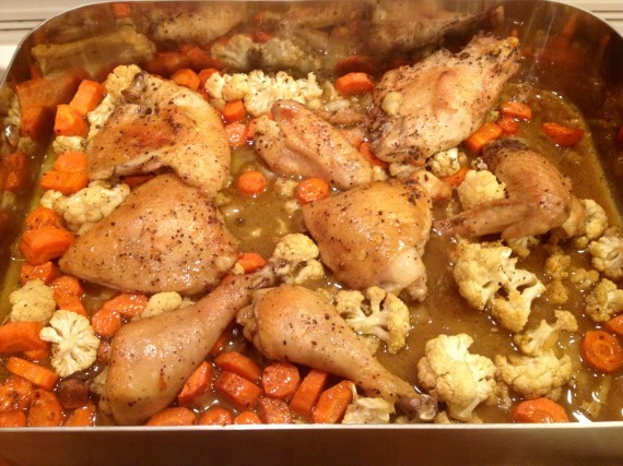 Using my large roasting pan to cook pieced chicken and vegetables.