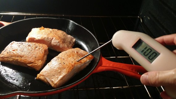 Checking temperature of salmon with instant read thermometer