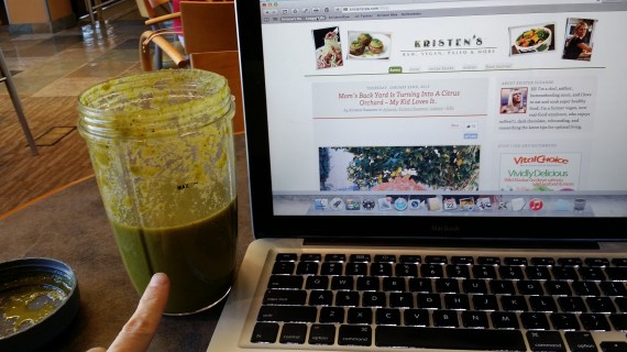 Writing after class with my organic green smoothie (including MCT oil).