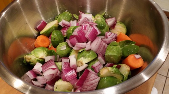 Everyone is in the bowl - brussels sprouts, carrots, purple onion.
