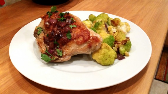 Pan Roasted Chicken Breasts w Easy Pan Sauce and green cauliflower