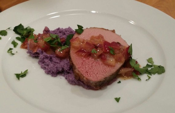 Rosemary Infused Purple Cauliflower Mash with Sous Vide Grass-fed Eye of the Round Beef .